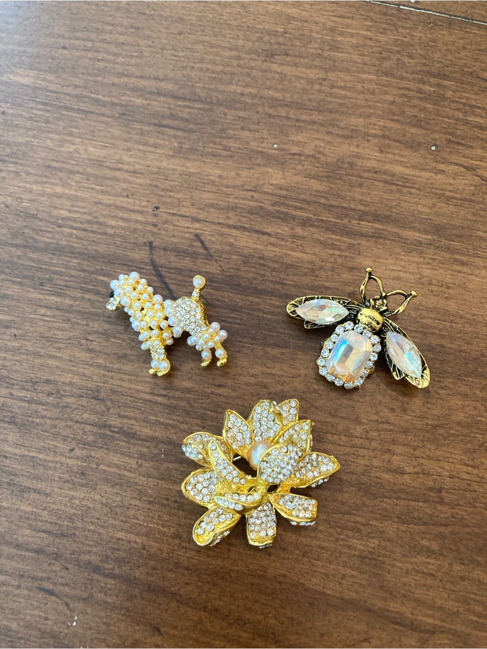 SET of 3 brooches. Crystal Floral, Bee and Poodle